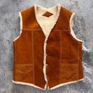 Vintage Brown Suede Leather Sherpa Vest. Size Large